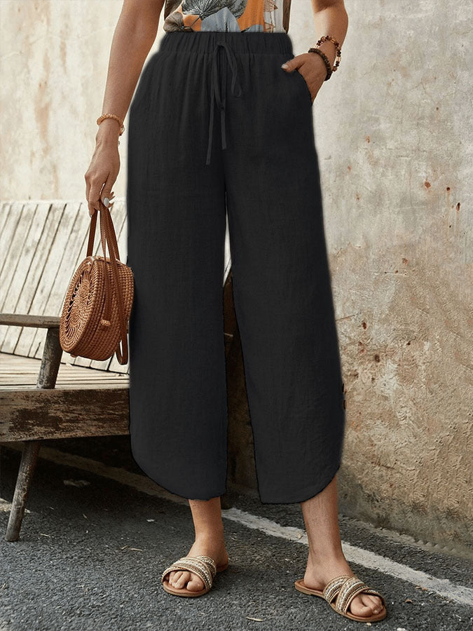 🌿 Women's Cotton-Linen Cropped Drawstring Pants Black