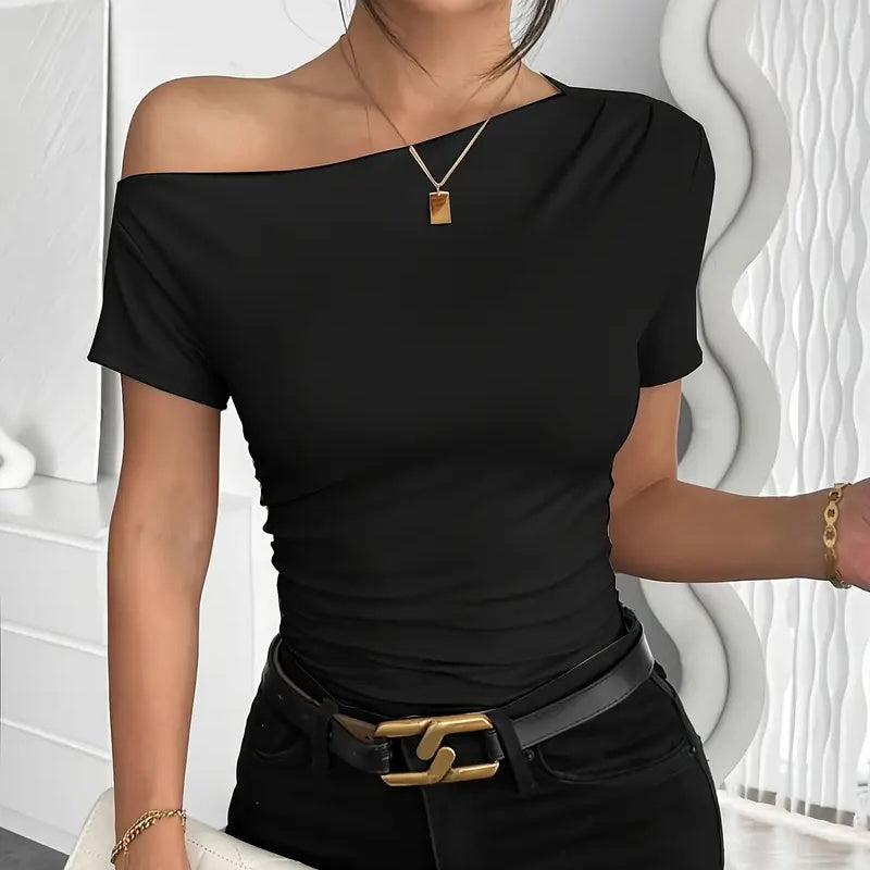 Women’s Y2K Ruched One-Shoulder Summer Top – Slim Fit Asymmetrical Shirt Black