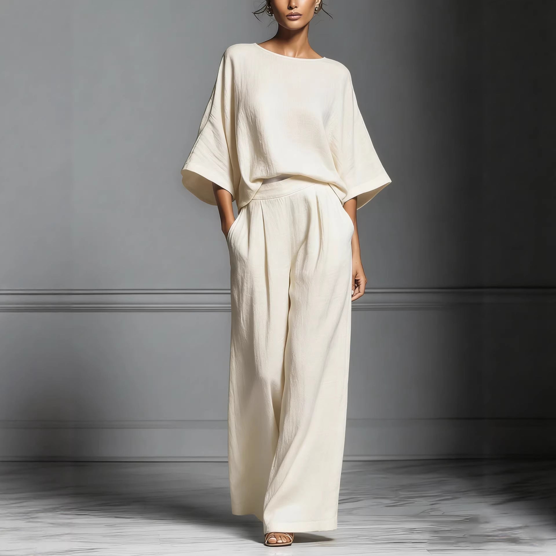 Women’s Flared-Sleeve Linen Suit Two Piece Set Milky White