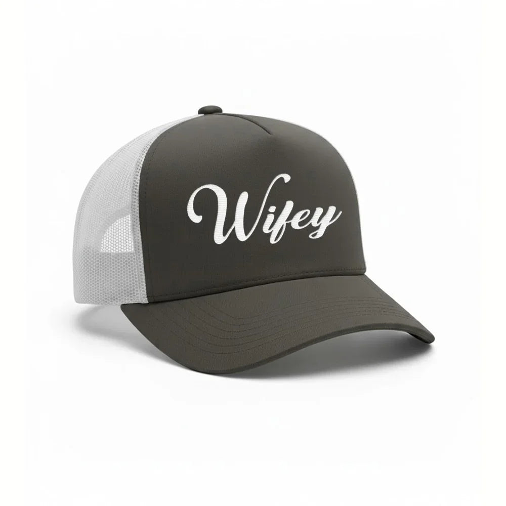 Embroidered Wifey Trucker Hat – Classic Mesh Cap for Wedding or Anniversary Charcoal - White