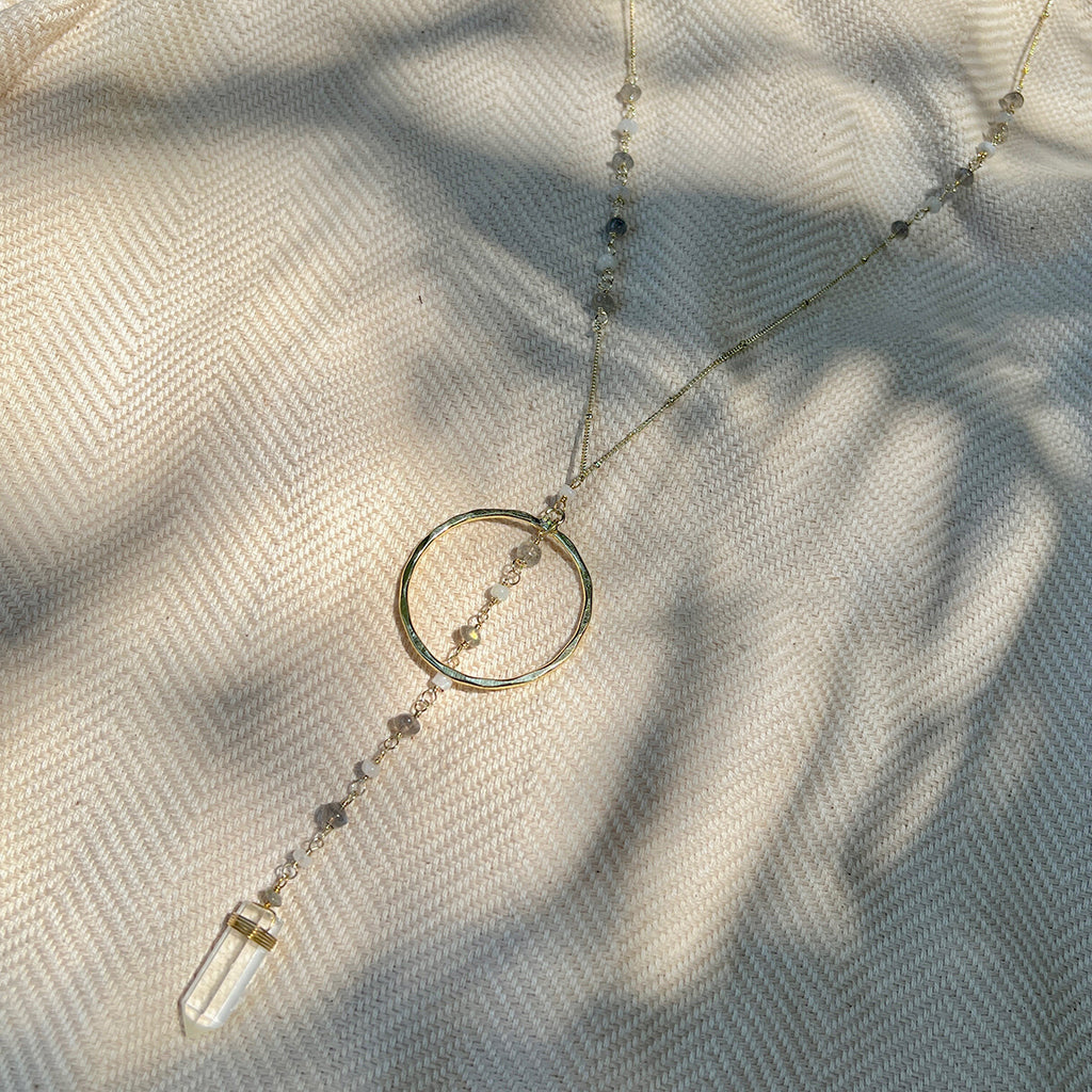 Clear Quartz Y Necklace Halo Crystal Pendant Gemstone Strand Layering