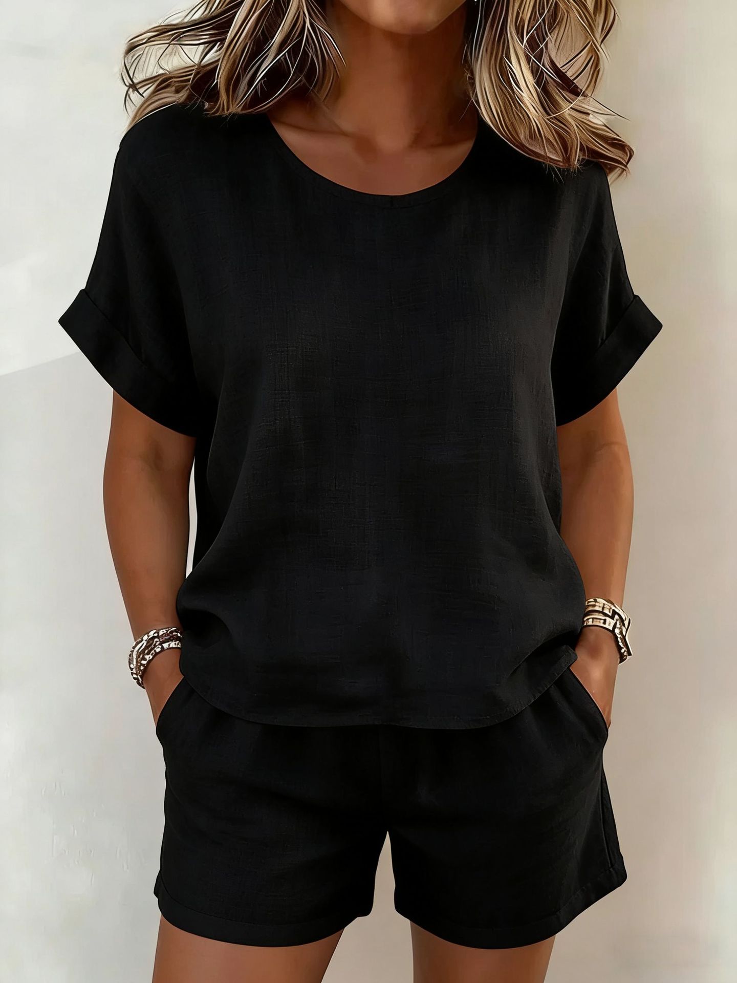 Solid-Color T-Shirt & Shorts Set – Cotton Linen, 10 Colors Black