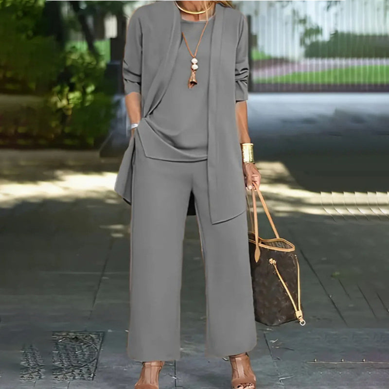 Women's Plus Size 3-Piece Lounge Set – Cardigan, Vest & Wide-Leg Pants Gray