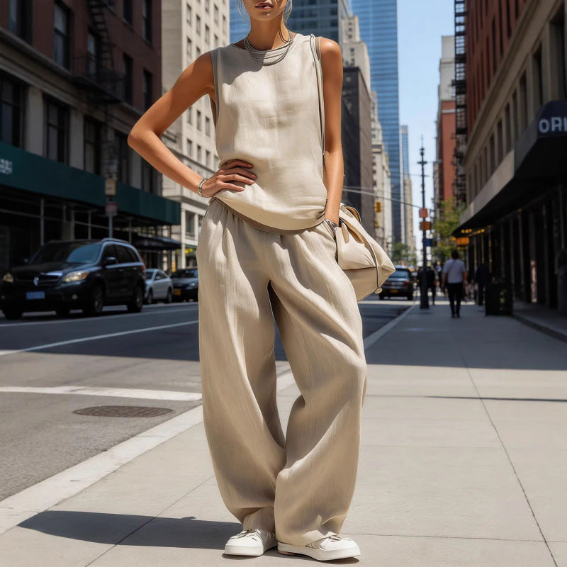 Women's Sleeveless Cardigan Top & Pants Two-Piece Set Apricot