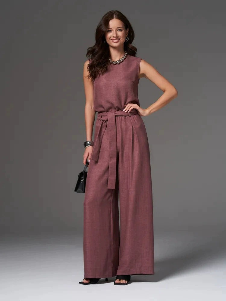 Sleeveless Cotton-Linen Wide-Leg Pants Set – 4 Colors, S–2XL Purplish Red