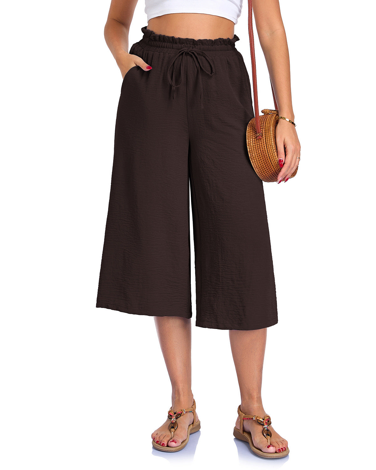 Women’s Elastic Cropped Wide-Leg Pants Brown