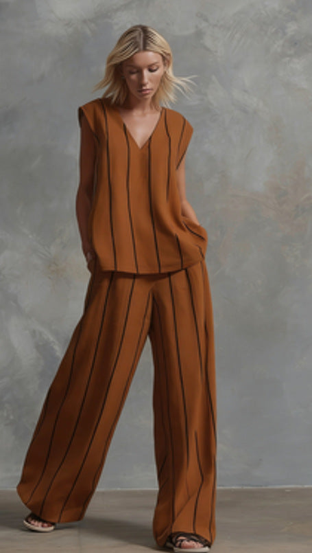 Women’s Sleeveless Striped Top and Full-Length Pants Set Caramel Color