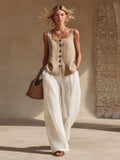 Women's Front-Button Cardigan Sleeveless Top & Long Pants Set Brown