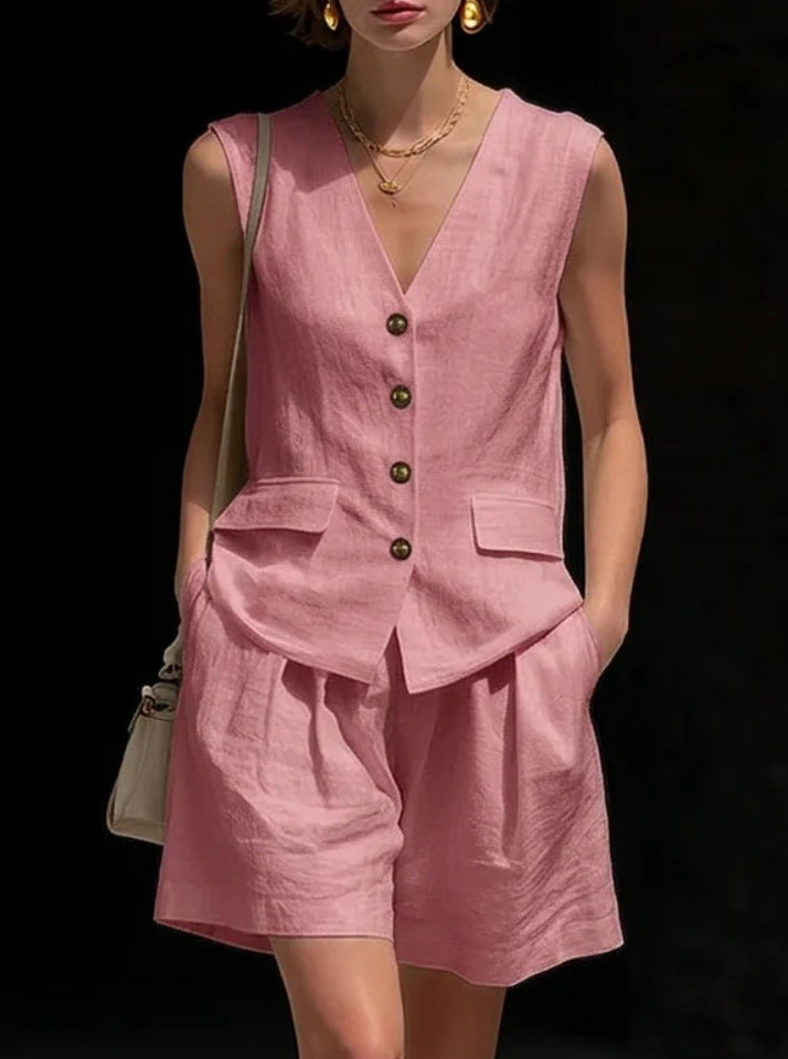 Women’s Cotton Linen Sleeveless Vest Top and Shorts Set Pink