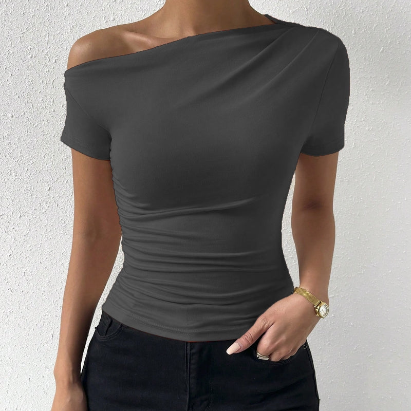 Women’s Y2K Ruched One-Shoulder Summer Top – Slim Fit Asymmetrical Shirt Dark Gray