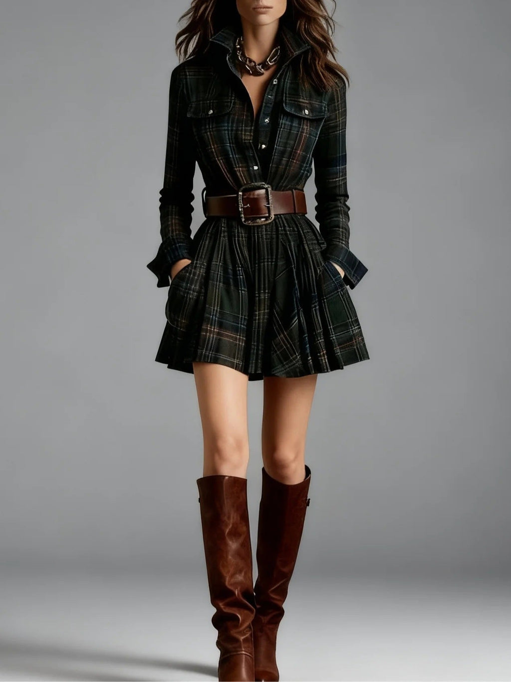 Women's Elegant Plaid Long Sleeve Mini Dress | Belted Green pattern