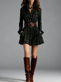 Women's Elegant Plaid Long Sleeve Mini Dress | Belted Green pattern