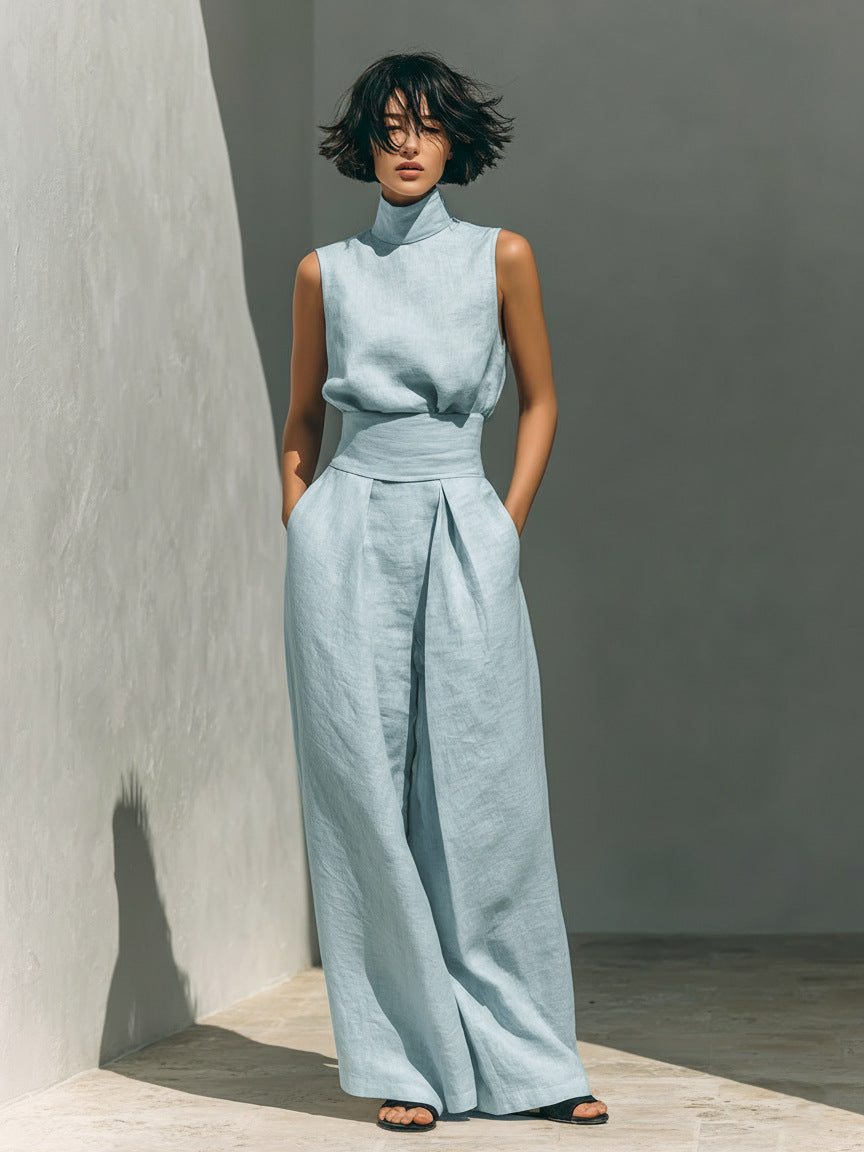 Women’s Cotton Linen Two-Piece Set – Sleeveless Top & Wide-Leg Pants Sky Blue