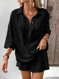 Women's Lapel Collar Double-Panel Shirt & Shorts Two-Piece Set Black