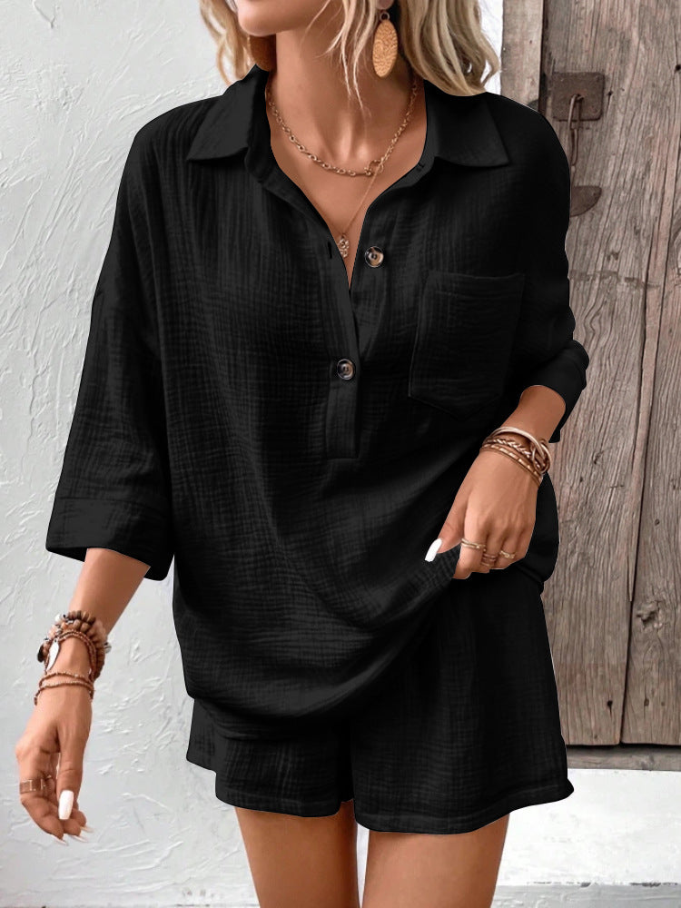 Women's Lapel Collar Double-Panel Shirt & Shorts Two-Piece Set Black