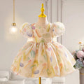 Fashion Puff Sleeve Bowknot Girl Dress Gold
