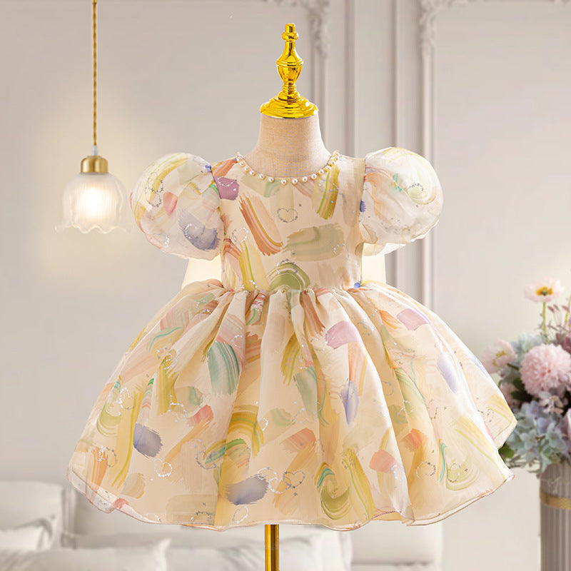 Fashion Puff Sleeve Bowknot Girl Dress Gold