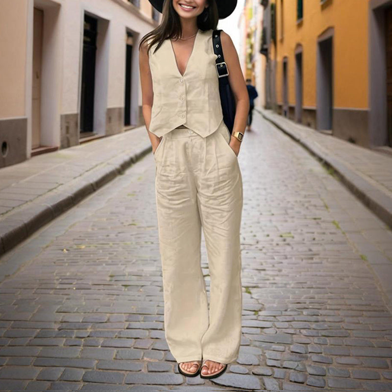 Women’s V‑Neck Button‑Front Vest & High‑Waist Pants Set Khaki