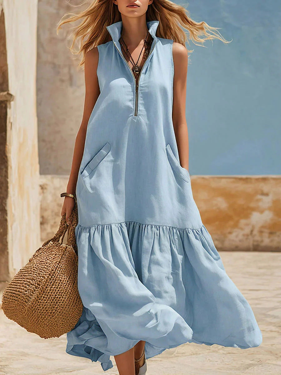 Women's Sleeveless Resort Dress – Loose Fit Zipper Detail Sky Blue