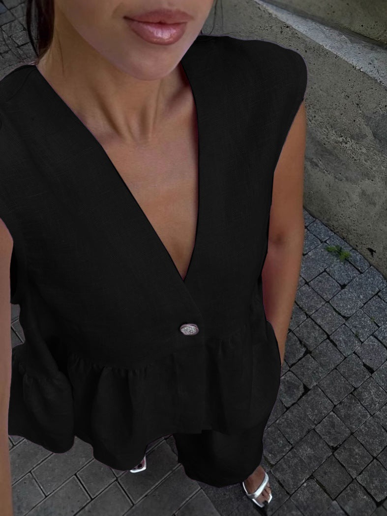 Women’s Cotton V-Neck Sleeveless Vest and Wide-Leg Pants Set Black