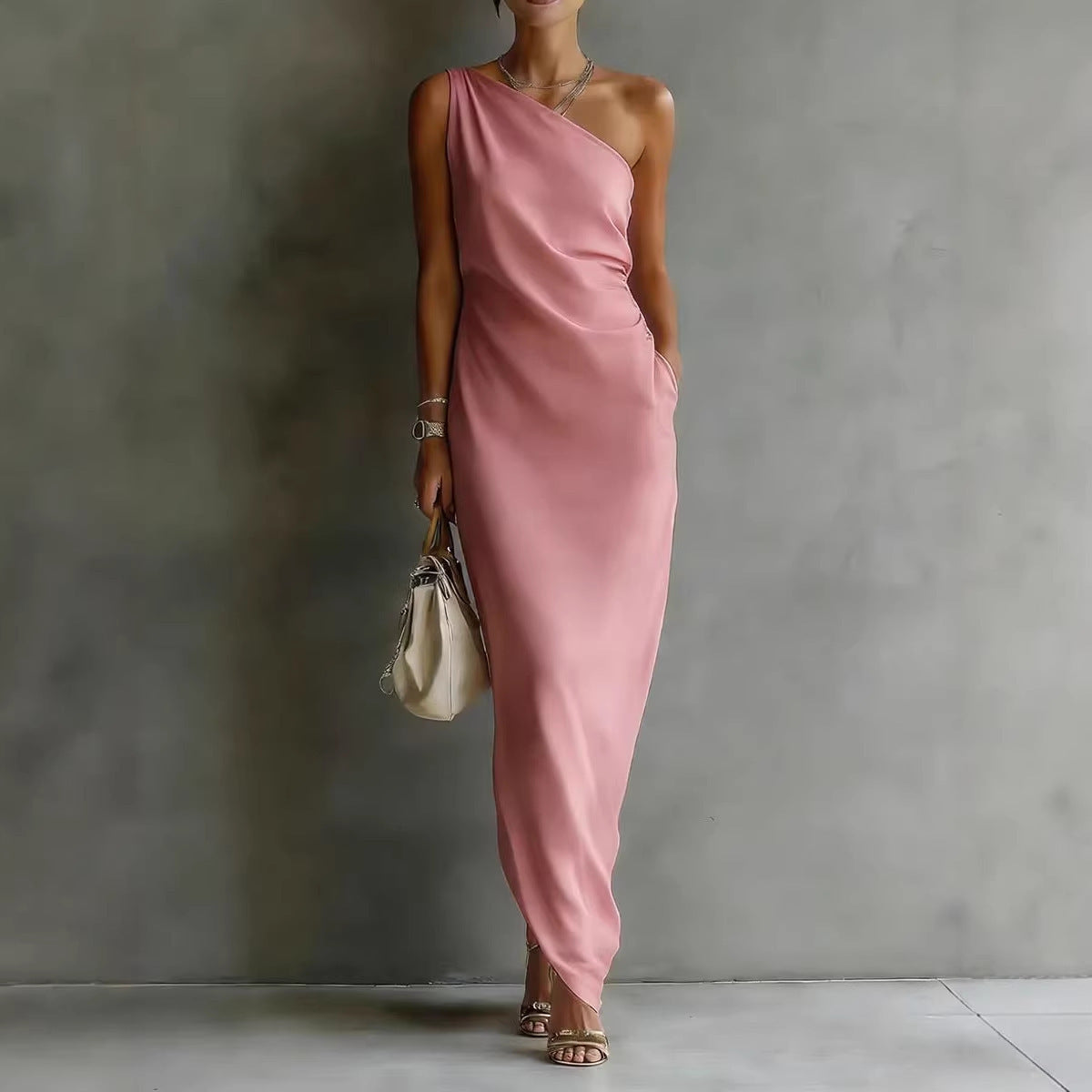 Women's Satin Off-Shoulder Slim-Fit Maxi Dress Pink