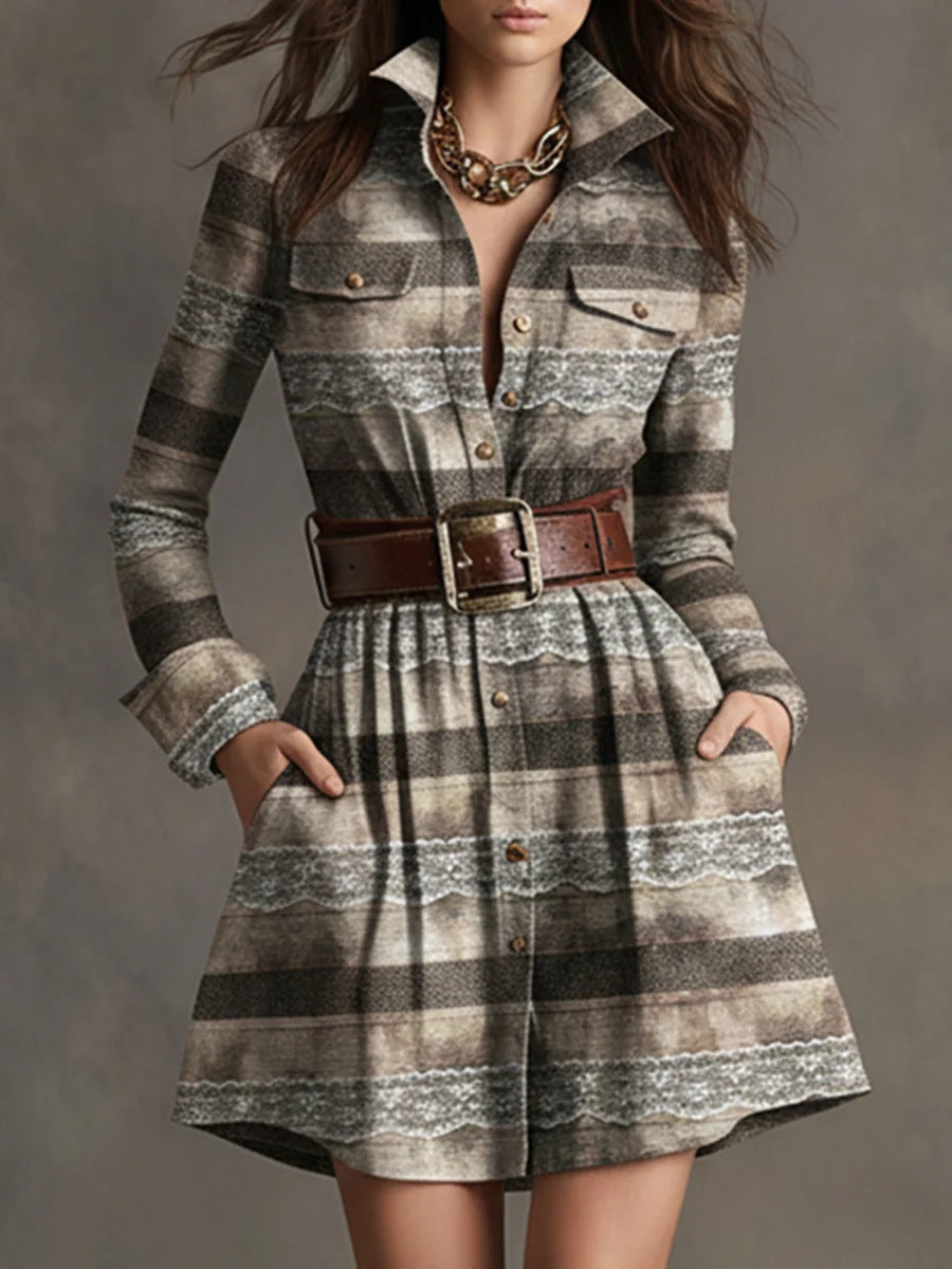 Women's Elegant Plaid Long Sleeve Mini Dress | Belted Grey