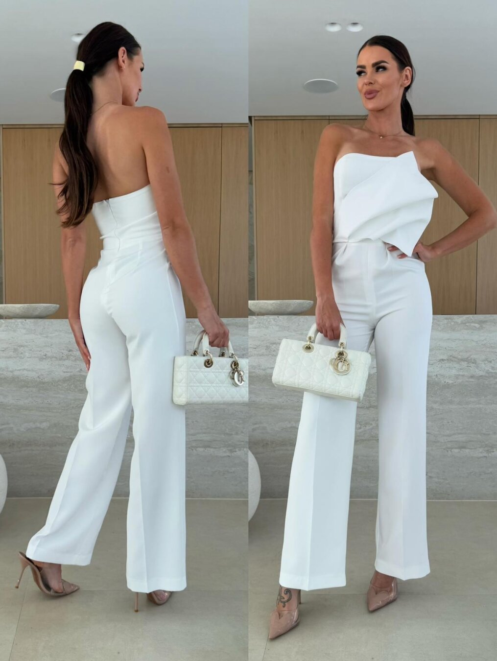 Candy-Colored Bodycon Halterneck Backless High-Waist Wide-Leg Jumpsuit White