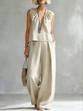 Women's Sleeveless Cotton-Linen Shirt & Pants Set – Urban 2-Piece Apricot