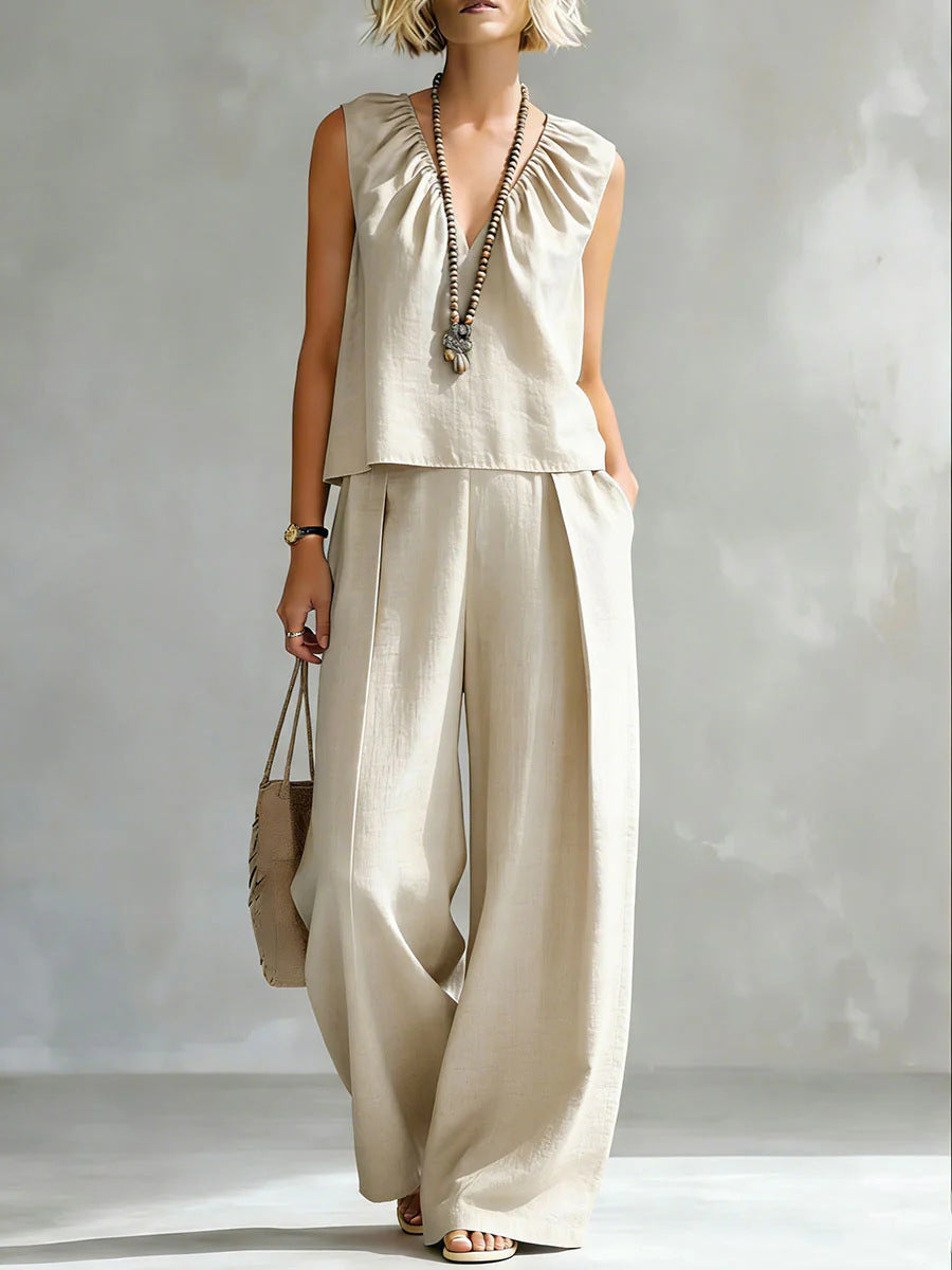 Women's Sleeveless Cotton-Linen Shirt & Pants Set – Urban 2-Piece Apricot