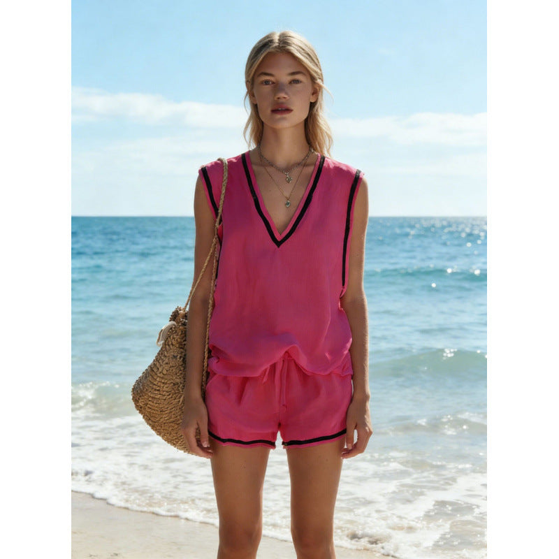 Women's V-Neck Vest & Shorts Two-Piece Set Rose Red