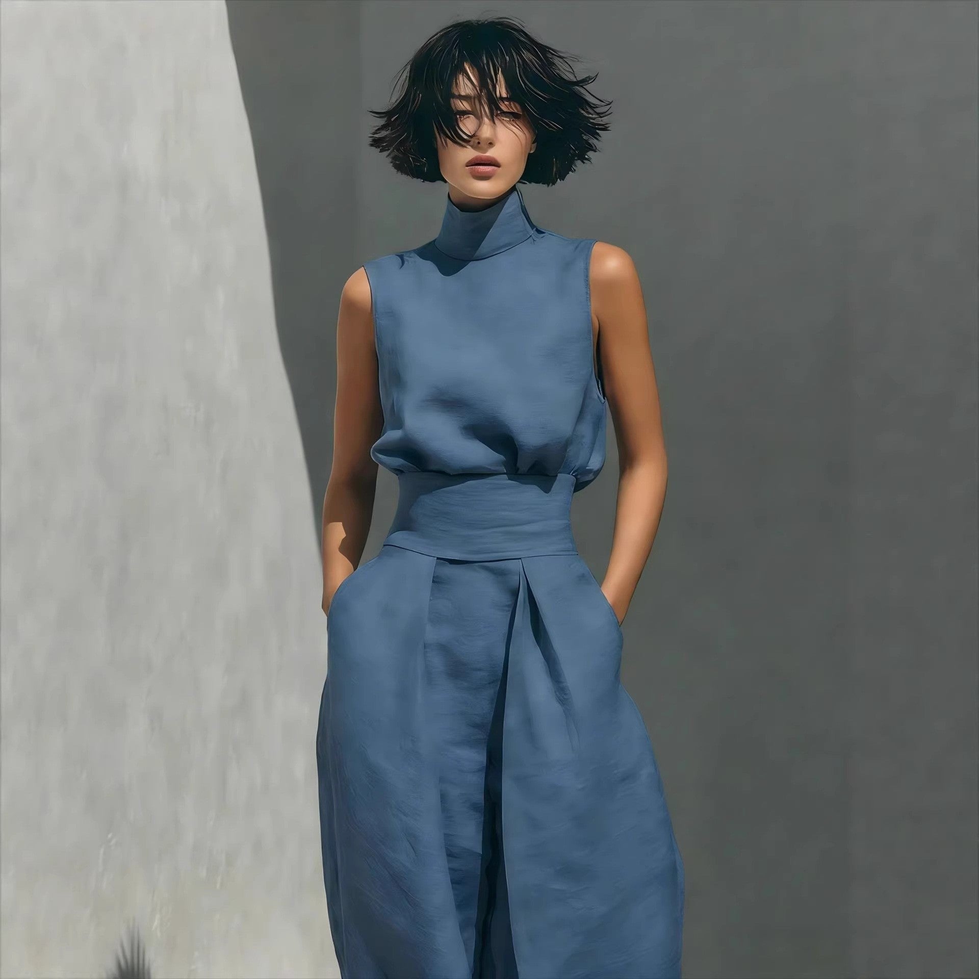 Women’s Cotton Linen Two-Piece Set – Sleeveless Top & Wide-Leg Pants Blue