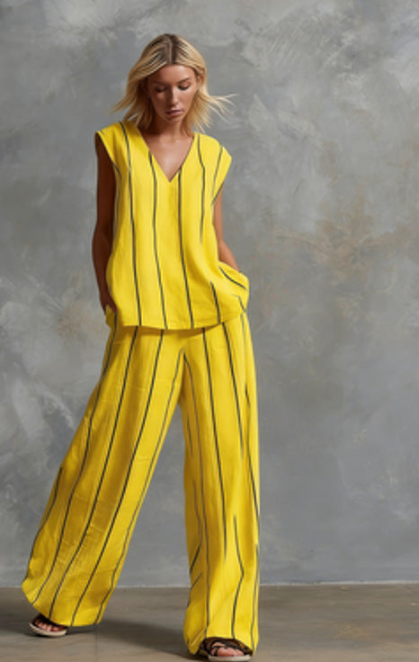 Women’s Sleeveless Striped Top and Full-Length Pants Set Lemon Yellow