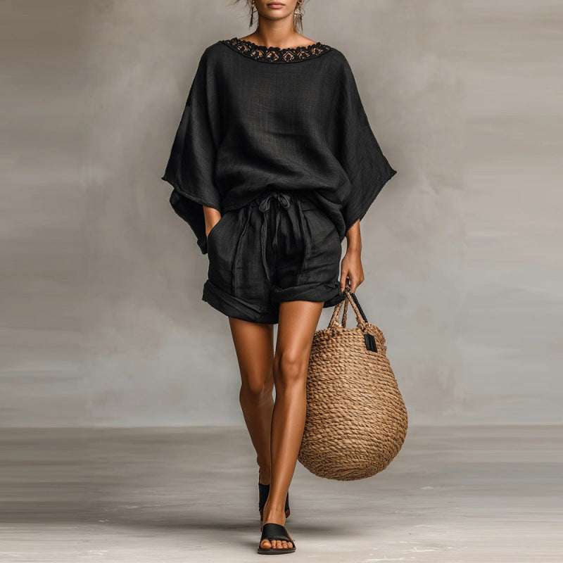 Women’s Solid Color T-Shirt and Shorts Set Black