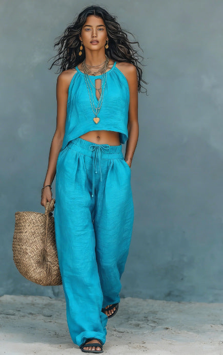 Women's Sleeveless Tank Top & Wide-Leg Pants Set – Linen Blend Summer Two-Piece Sky Blue