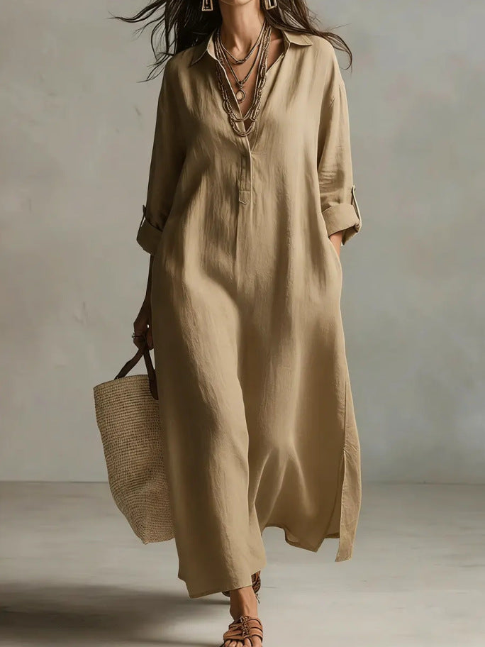 Women's Casual Long-Sleeve Linen Shirt Dress – Relaxed Fit Khaki