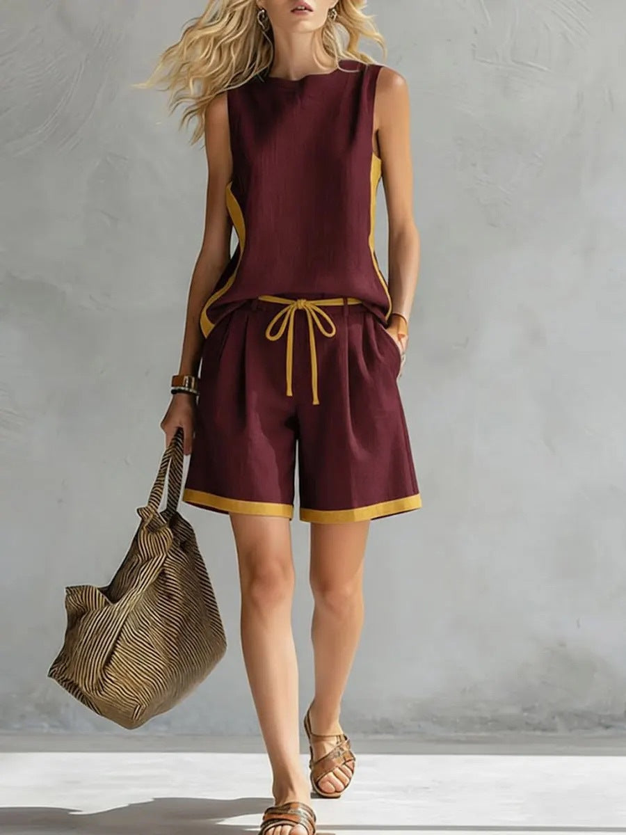 Solid Color Loose Casual Vest and Shorts Set Wine Red