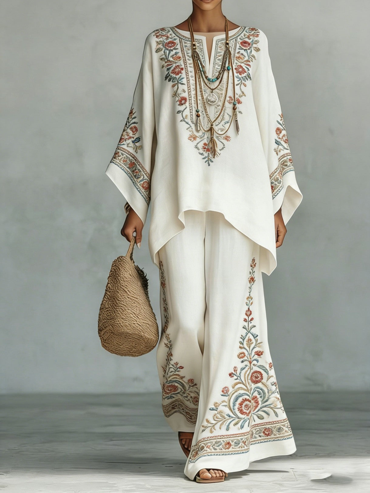 Women’s Printed Crew Neck Long Sleeve Two Piece Set Flowers