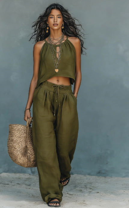Women's Sleeveless Tank Top & Wide-Leg Pants Set – Linen Blend Summer Two-Piece Olive Green