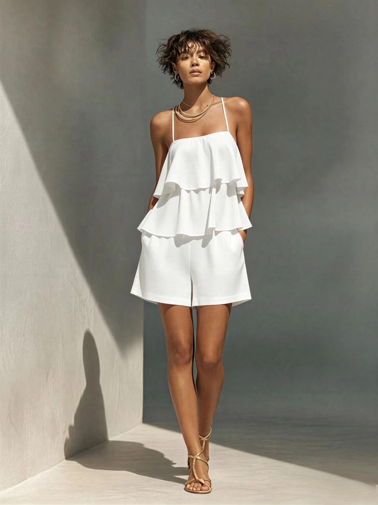 Women's Multi-Layer Ruffle Camisole & Shorts Set White