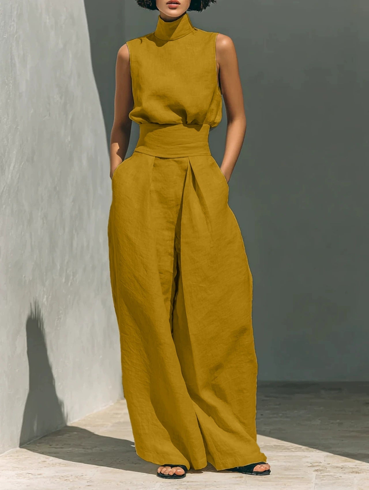 Women’s Cotton Linen Two-Piece Set – Sleeveless Top & Wide-Leg Pants Yellow
