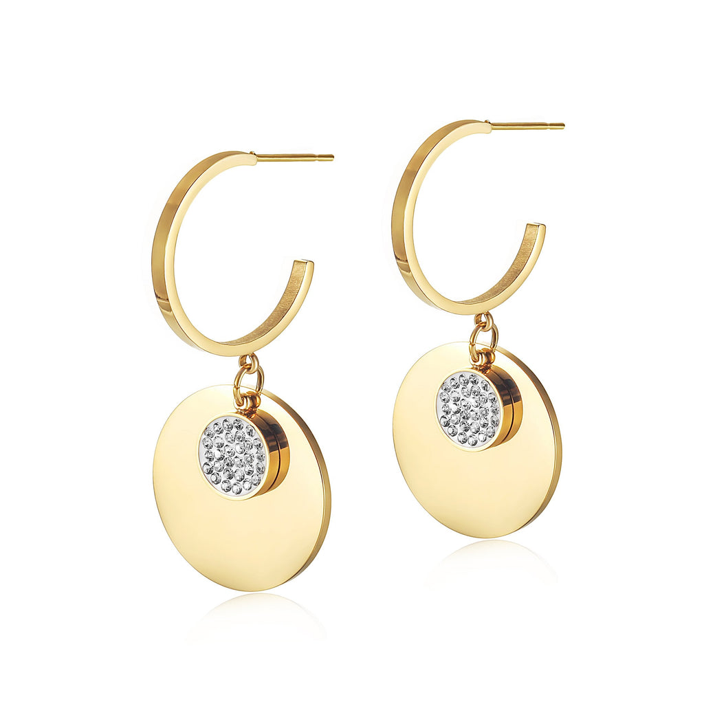 Double Round CZ Dangle Earrings Gold Plated Drop For Women
