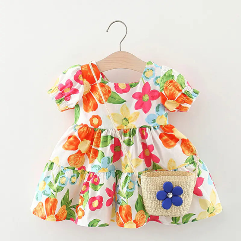 Girls' Floral Dress with Bag Pink Big Flower Delivery Bag X 70cm-100cm 1 hand 4 pieces