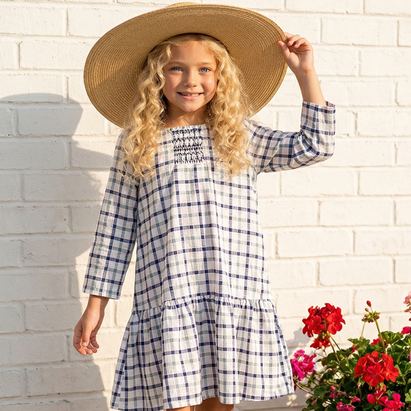 Navy and White Plaid Smocked Dress