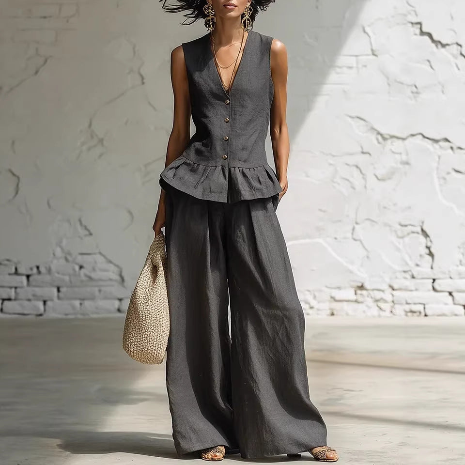 Women's Bohemian Ruffled Sleeveless Tank & Pants Set Dark Gray