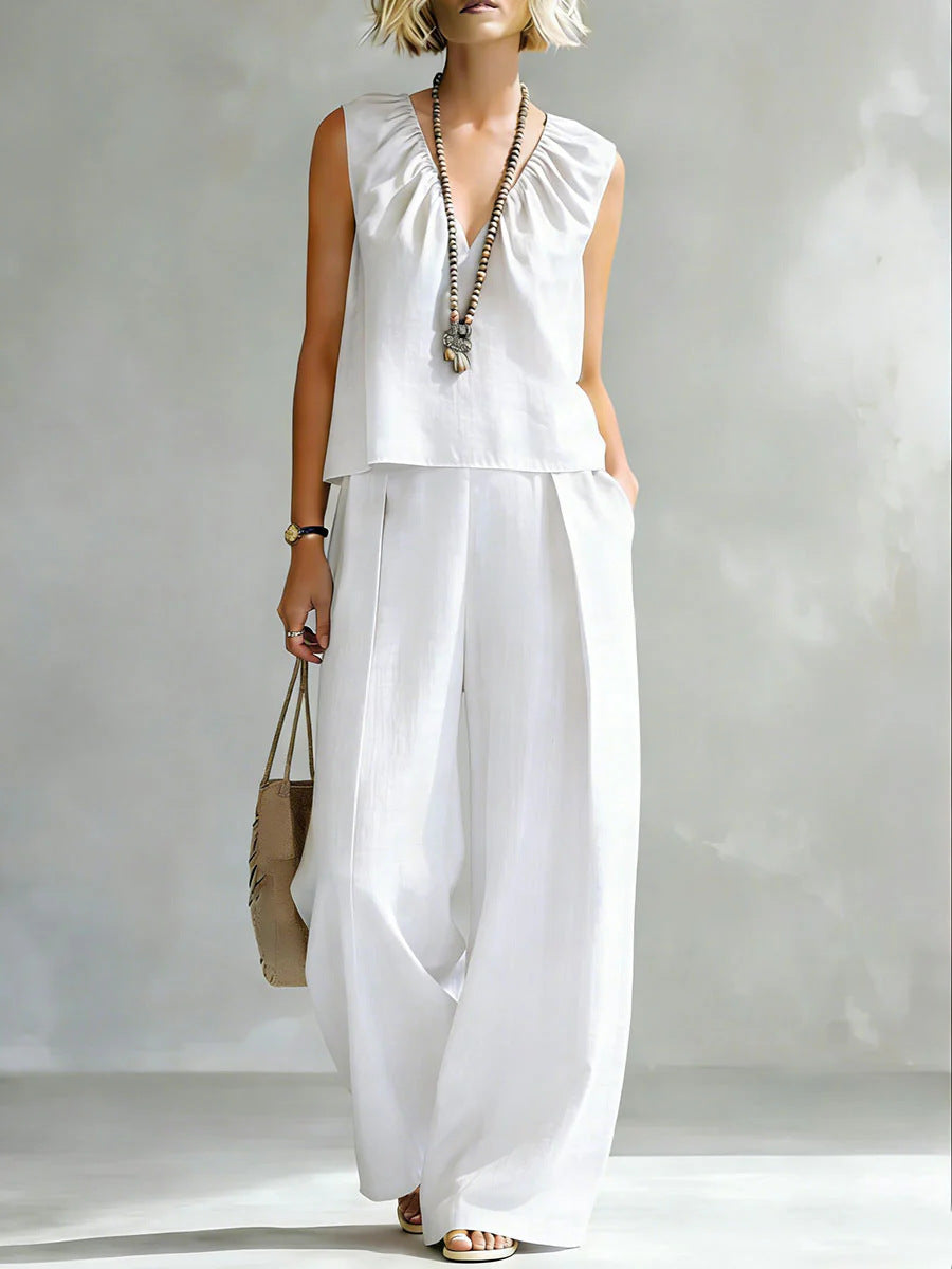 Women's Sleeveless Cotton-Linen Shirt & Pants Set – Urban 2-Piece White