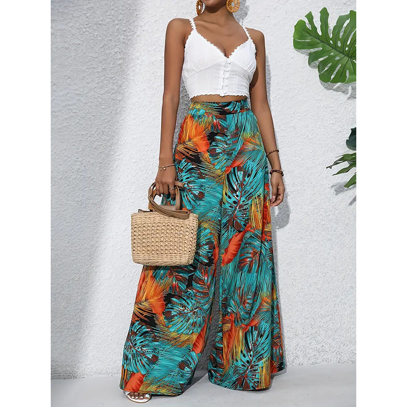 Women’s Printed High‑Waist Wide‑Leg Palazzo Pants Red Green