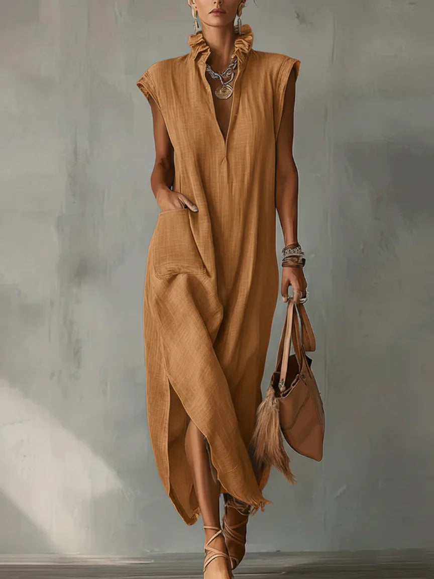 Women’s Cotton-Linen Sleeveless Solid-Color Shirt Dress Orange