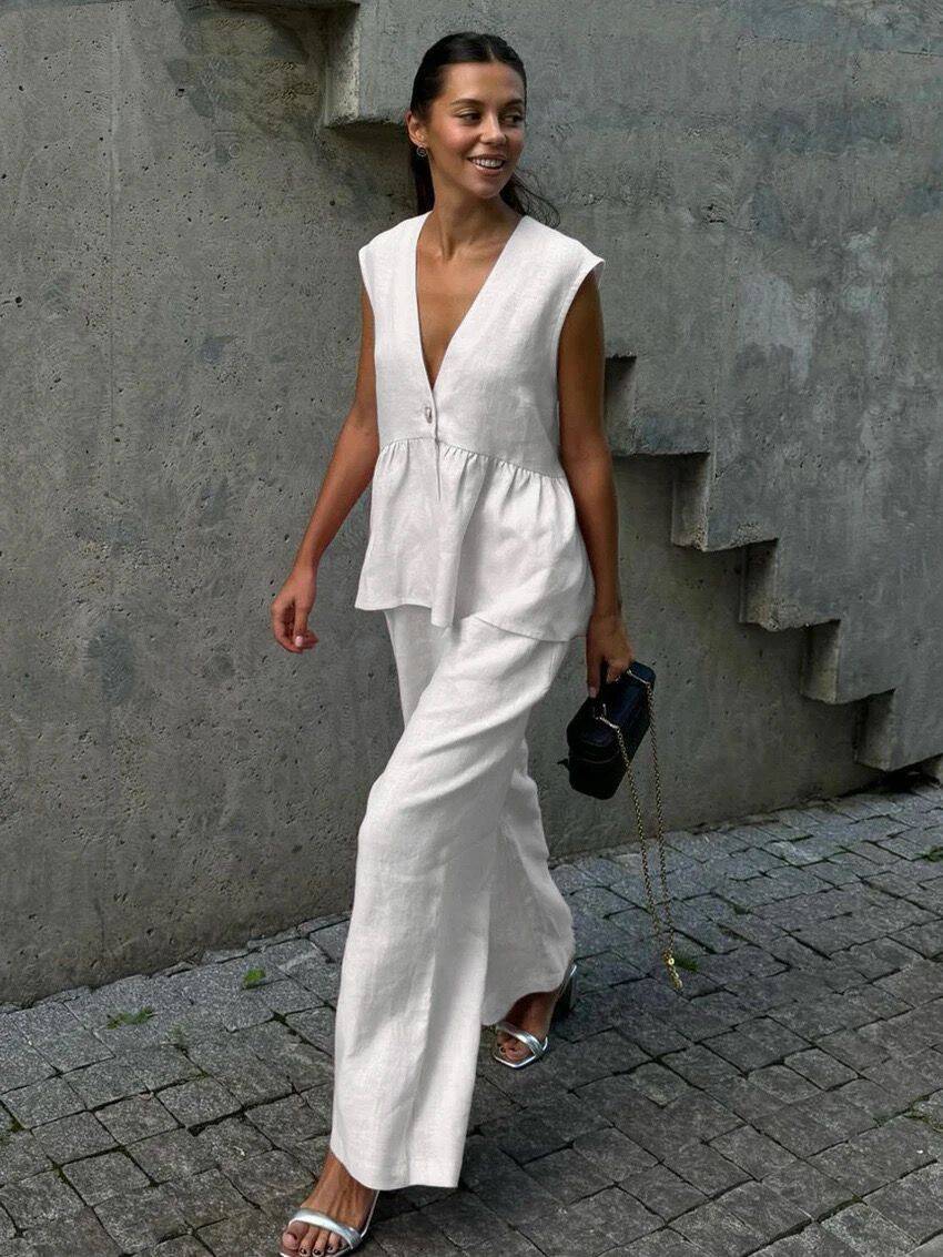 Women’s Cotton V-Neck Sleeveless Vest and Wide-Leg Pants Set Beige