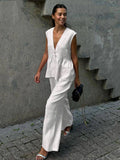 Women’s Cotton V-Neck Sleeveless Vest and Wide-Leg Pants Set Beige