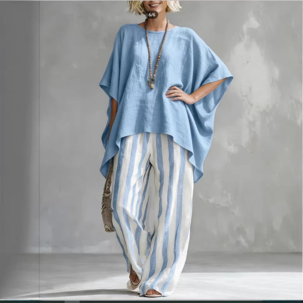 Women's Striped Batwing-Sleeve Loose Linen Two-Piece Set Blue